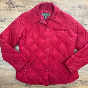 Eddie Bauer Womens Medium Chore Barn Jacket Red Quilted Goose Down Snap‎ Button